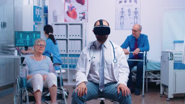 Doctor Wearing VR Headset, Diagnosing Senior Woman Problems alt