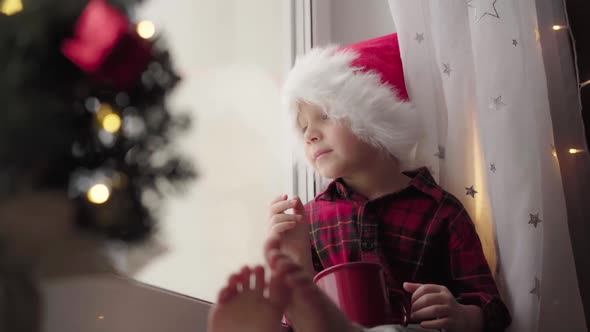 cute caucasian boy in santa hat and flannel plaid sitting on window sill drinking milk