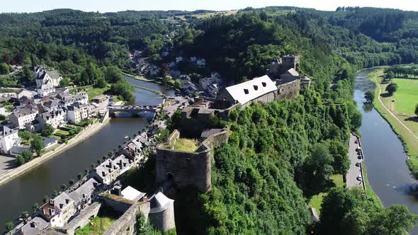 Aerial view of Bouillon Castle world heritage in the province of Luxembourg, Belgium, Europe