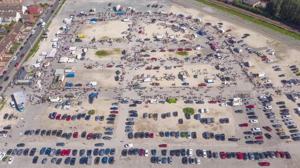 Aerial static hyper-lapse of a busy market in Hull after the Covid 19 restrictions was lifted in the alt