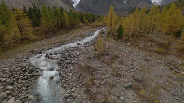 Aerial View Mountain River Stream Valley with Evergreen Forest Stone Formation alt