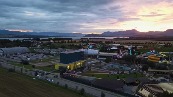 Aerial view of the Tatralandia swimming pool in the town of Liptovsky Mikulas in Slovakia alt
