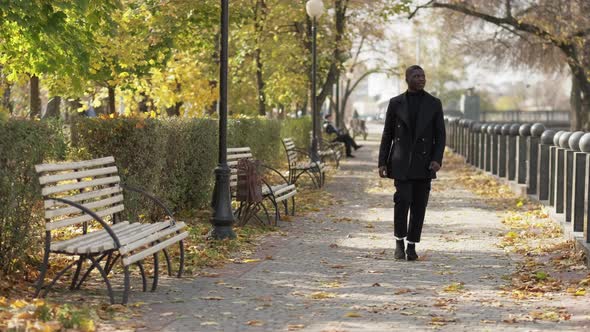 Park Walk Autumn Fashion Cheerful Man Embankment alt