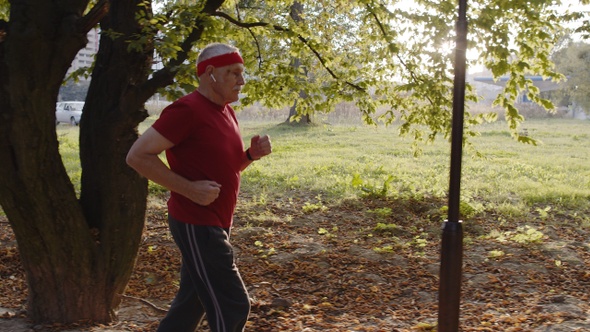 Elderly Sport Runner Man Training. Workout Cardio Outside in Park at Morning. Active Senior People alt
