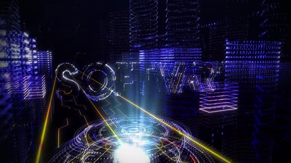 Holographic 3D word Software is displayed in the center of a dark room. alt