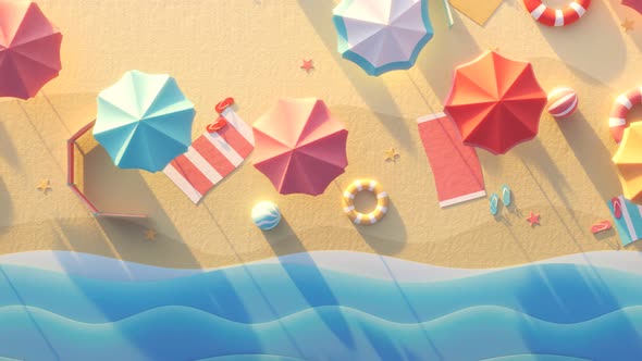 Stylized summer sea and beach with colorful umbrellas. Vacations, holiday, fun.