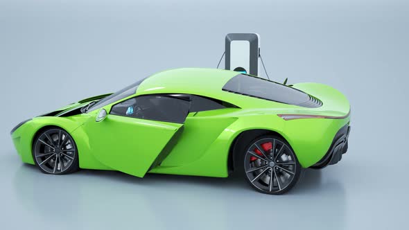 Electric car connected to the charging station. Vehicle using renewable energy alt