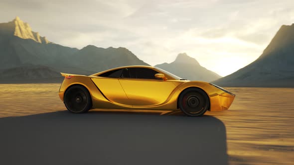 Concept car racing through desert. Fast spinning wheels automobile. Sunset 4K HD