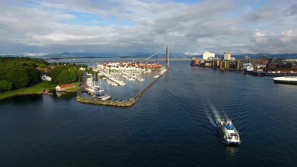 Aerial view of the tourist ship in the bay of Stavanger, Norway alt