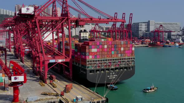 Drone fly over Hong Kong container terminal 