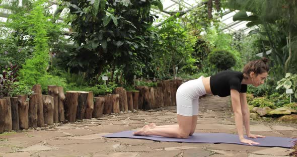 A Brunette Woman is Doing Yoga Exercises on a Mat in a Beautiful Botanical Garden