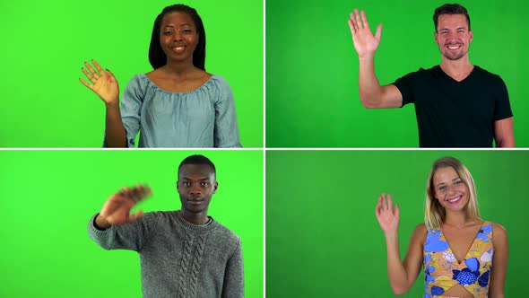  Compilation (Montage) - Four People Wave and Smile at the Camera - Green Screen alt