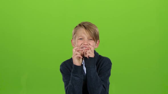 Child Boy Crossed His Fingers, He Is a Fan, but the Team Lost. Green Screen alt