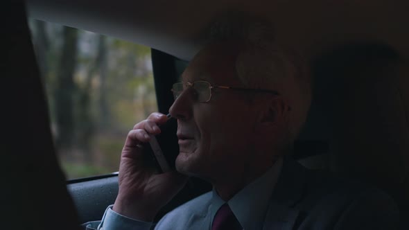 Businessman Talking on the Phone While Sitting in the Back Seat of a Car alt