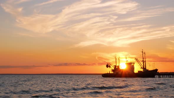 Beautiful orange sunset on sea water. Transport ship on the dock in the evening on seacoast. alt