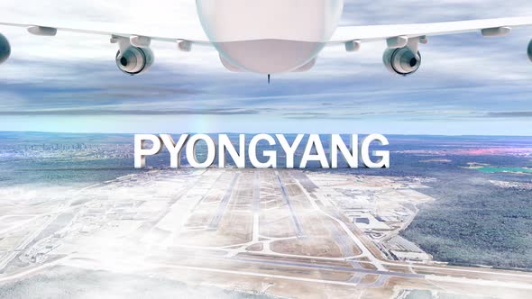 Commercial Airplane Over Clouds Arriving City Pyongyang