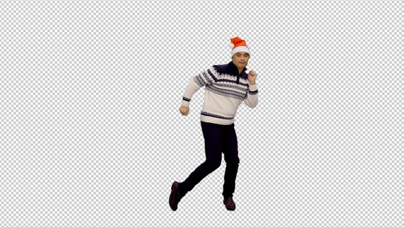 Cheerful Adult Man In Santa Hat Dancing in Style at Christmas Party, Alpha Channel