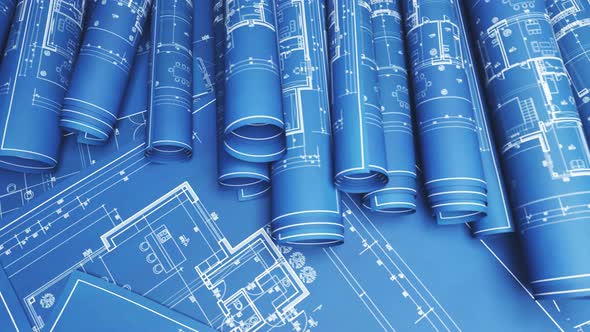 Stack of classic architectural blueprint rolls. Drawings of project plans. 4KHD alt