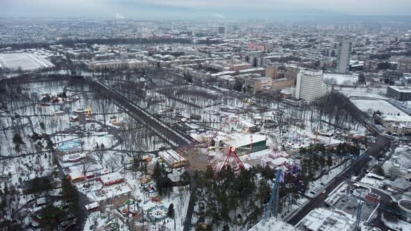 Aerial city amusement Gorky Central Park in winter