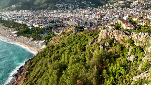 Castle Alanya Kalesi Aerial View 4 K of Mountain and City Turkey alt