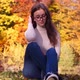 Slow Motion of Teenage Girl in Colorful Autumn Landscape, Yellow Tree Leaf, Pond on Sunny Fall Day
