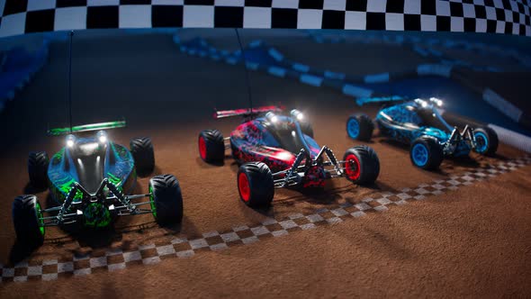 Three RC-cars starting from a start line of a toy race.Remote-controlled buggies alt