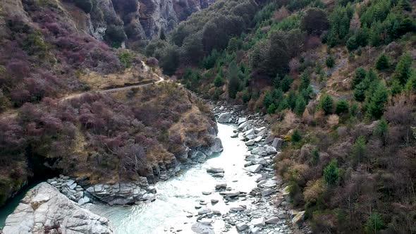 wide aerial shot of Skippers canyon and Shotover River in Queenstown, Central Otago, New Zealand alt