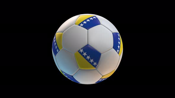 Soccer ball with flag Bosnia Herzegovina, on black background loop alpha