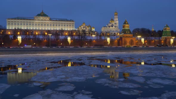Russia, Moscow, Night View on Kremlin and River With Drifting Ice