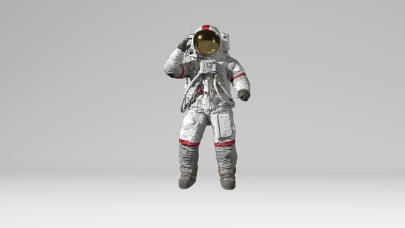 Astronaut jumping and saluting on white background with Alpha channel.