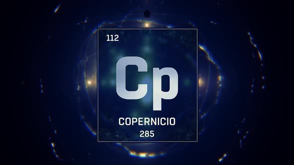 Copernicium as Element 112 of the Periodic Table on Blue Background in Spanish Language