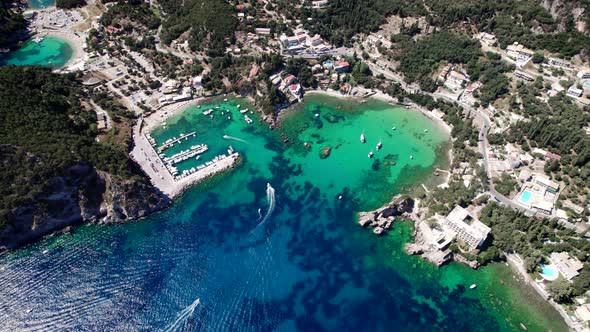 Aerial Drone View to Paleokastritsa Bay Heartshaped Coast with Clear Teal Sea Water alt