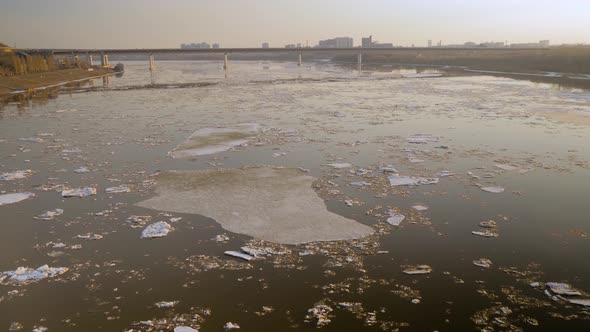 Ice Floes Floating on Water  Ice Drifting on the Volga River in Spring