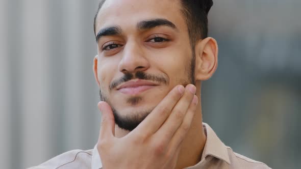 Extreme Closeup Portrait Male Satisfied Face Hispanic Business Man Arabic Guy Happy Barbershop alt