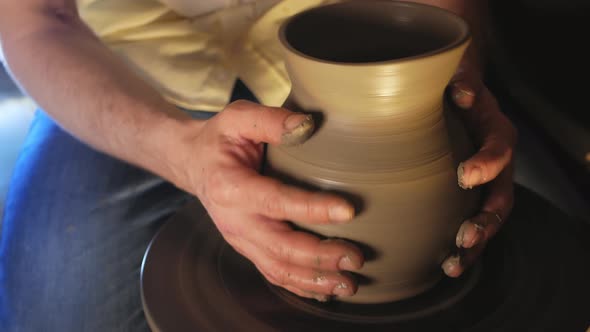 Man Makes Jug in Pottery Workshop Clay Product Authentic Atmosphere Background Footage