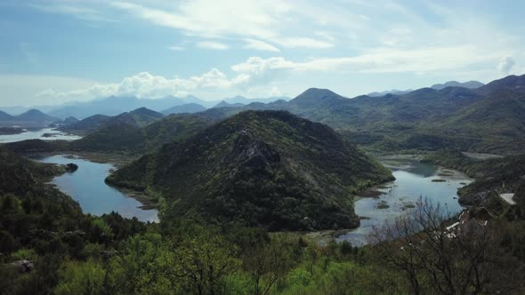 Aerial footage Beautiful Nature Montenegro.  Flying over the calm Lake Shkoder alt