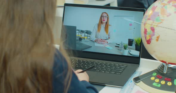 Child Girl Kid Schoolgirl with Teacher Using Tablet Laptop Computer for Writing School Homework