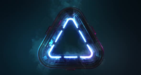 Cyber City glowing neon light abstract triangular shape. 