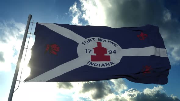 Fort Wayne City Flag City of Indiana in USA or United States of America Waving at Wind in Blue Sky alt
