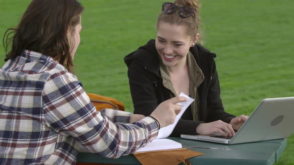 Two young people at park working together on project