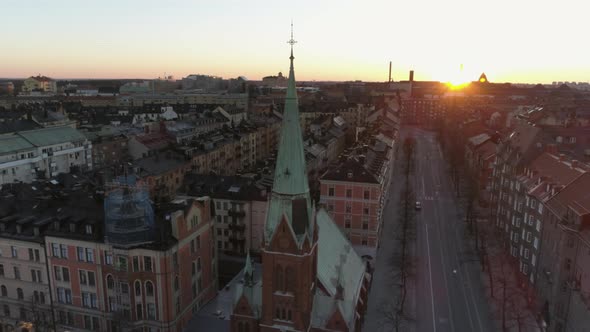 Drone Shot Flying Around Church Tower in Stockholm