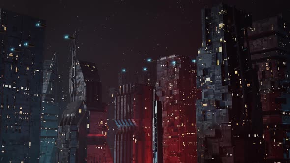 Futuristic, Dystopian Sci-Fi City at Night Establishing Shot - With Flying Cars alt