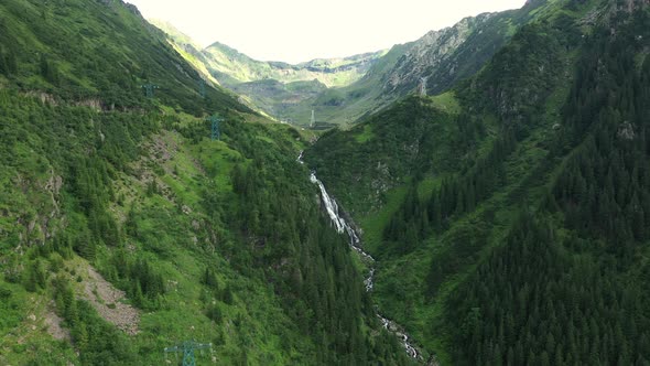 Aerial Shot of Waterfall in Carpathian Mountains Near Transfagarasan Road