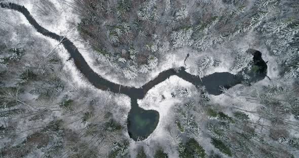 Holy Sacred Spring Water Lake and River in Snowy Winter Aerial Top Down View alt