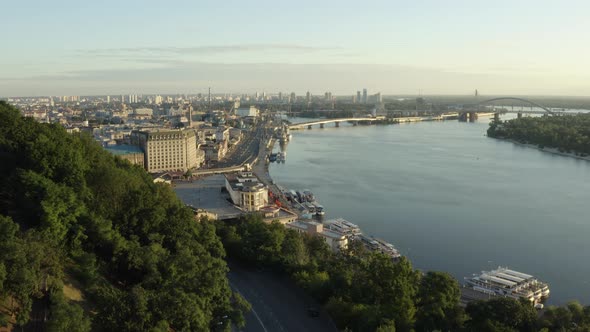 Flying Over the Postal Square in Kyiv, Ukraine. Sunrise Over Pochtova Metro Station. Aerial View of alt