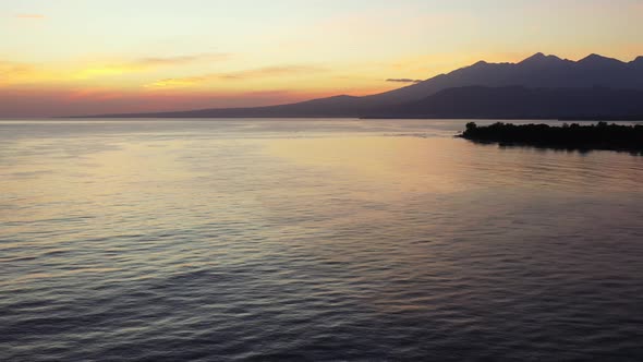 Golden Sunset At The Beach. Aerial Magic Hour Shot Above The Calm Sea alt