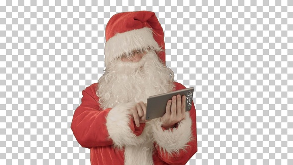 Cheerful Santa Claus is holding a tablet, Alpha Channel