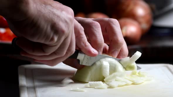Chopping an onion, close shot alt