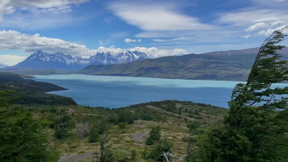 Scenic Panoramic view of Torres del Paine National Park in Patagonia, Chile