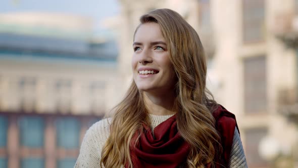 Smiling Woman Standing Outdoors, Pretty Girl Enjoying Sunny Day Outside alt